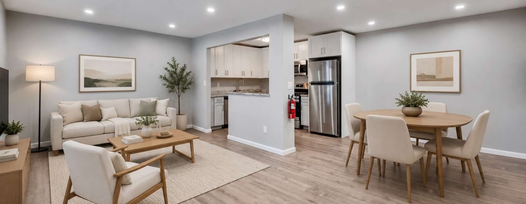 a living room and dining room with a couch, tables and chairs