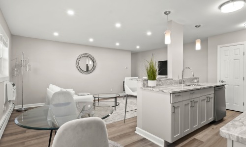 dining room with seating and kitchen